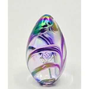 Hand-Blown Glass Eye Studio Multicolor Glass Egg Paperweight With Swirling Purpl